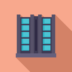 Modern building with blue windows is standing on pink background