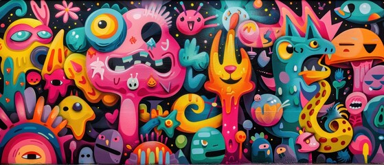 Obraz premium Vibrant graffiti featuring characters and symbols