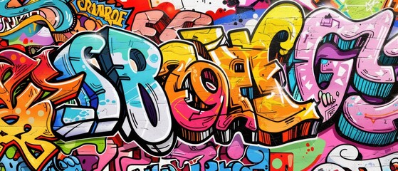 Vibrant graffiti letters and characters on a large wall, highresolution details and bold colors, perfect for modern designs