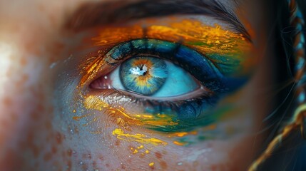 A macro image capturing an eye with striking blue iris, adorned with orange and yellow paint, suggesting creativity