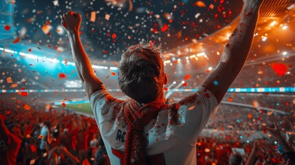 Joyful sports fan with raised arms celebrating at a vibrant stadium
