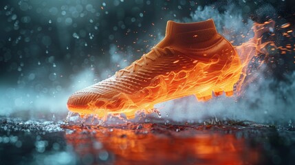 A striking image of a soccer cleat with fiery effects on a glistening wet football pitch at night