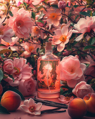 Sensual Fragrance: Perfume Bottle Surrounded by Magnolia Flowers, Vanilla Pods, and Apricots in a...