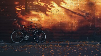 The shadow of a bicycle leaning against a brick wall, illuminated by the warm glow of streetlights at dusk.