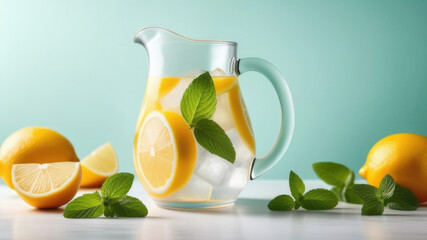 Homemade lemonade with lemon, mint and ice in a glass jug on a white table, blue background. Detox and refreshing concept. Copy space. Drinking regime for health