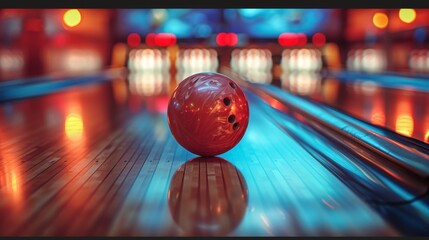 The image depicts a vividly lit bowling alley focusing on a sleek bowling ball, reflecting the anticipation of a strike
