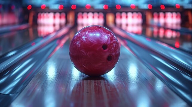 A vivid close-up image showcasing a single red bowling ball situated on a glossy bowling lane, with neon lights