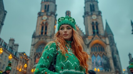 Obraz premium Young Red-Haired Woman in Ireland Wearing Saint Patrick's Day Attire