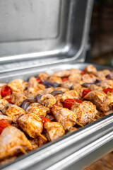 marinated chicken skewers with vegetables on a tray, ready for grilling. Ideal for culinary content