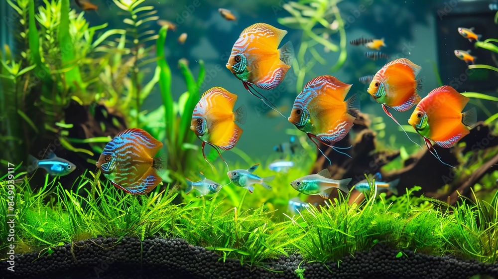 Poster vibrant planted aquarium with schools of tropical fish. such as wild discus, altum angelfish and sma - Posters