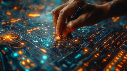 A close-up of a hand interacting with a high-tech circuit board with glowing elements representing innovation and technology