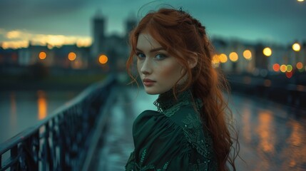 Obraz premium Captivating Red-Haired Woman in Limerick Wearing Saint Patrick's Day Ensemble