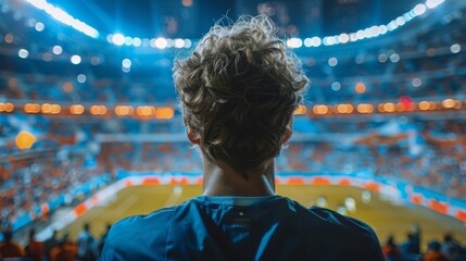 Fototapeta premium A spectator's back view with curly hair watching a live sports event at a brightly lit stadium