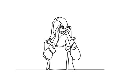 photographer, continuous line drawing professional young girl photographer. woMan-making photos with a camera. Single-line photographer takes pictures using camera isolated on a white background.