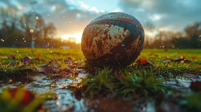 Close-up of an aged rugby ball on dewy grass with the sun setting in the background - Powered by Adobe