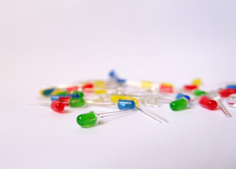 Group of Light-Emitting Diodes (LED) in different colors. Semiconductor lamps in green, yellow,...
