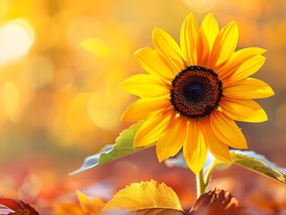 Fototapeta premium Vibrant Sunflower Blooming Amidst Autumn Foliage Symbol of Brightness and Joy
