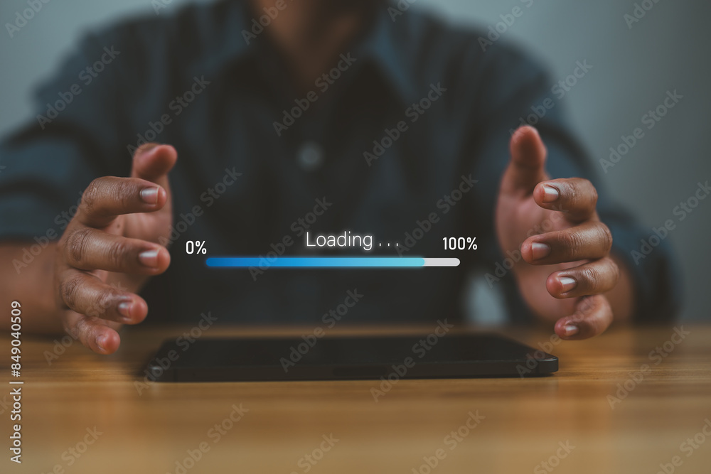 Poster Businessman using tablet and waiting with digital loading bar progress for download data information concept.