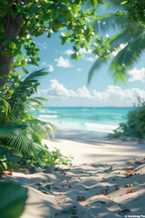 Fototapeta premium Serene Tropical Beach with Lush Green Foliage and Blue Ocean Under a Sunny Sky Perfect Escape for Relaxation and Adventure
