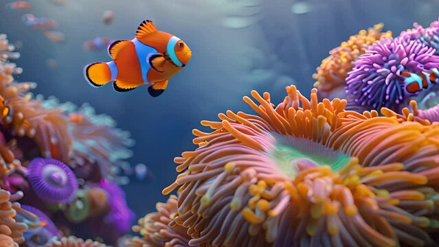 Clownfish swimming on anemone underwater coral reef background. colorful coral reef landscape