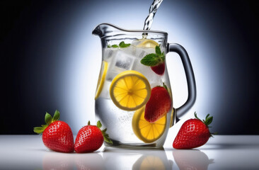 Homemade lemonade with lemon, strawberry, mint and ice in a glass jug on a white table, dark background. Detox and refreshing concept. Copy space. Drinking regime for health