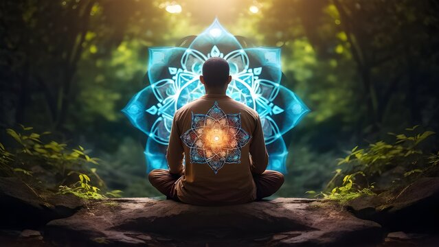 Man meditating with chakra energy, Mandala background, low angle view. Generative AI