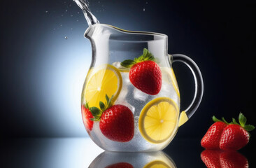 Homemade lemonade with lemon, strawberry, mint and ice in a glass jug on a white table, dark background. Detox and refreshing concept. Copy space. Drinking regime for health