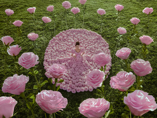 Beautiful woman in the dress of roses  in the garden with giant roses