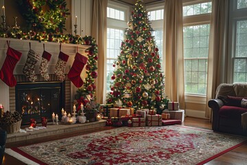 Fototapeta premium Family Gathered Around Christmas Tree on Christmas Morning