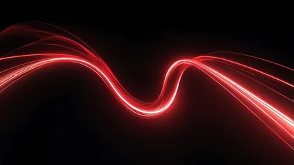 3D Render, Red Speed neon light trail on dark background, abstract motion curve light beam of fast moving, technology concept. Generative Ai.