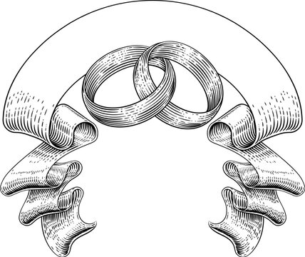 A wedding rings bands and banner scroll design in a vintage woodcut style
