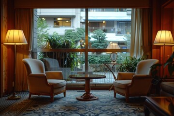 Fototapeta premium A comfortable lounge area with armchairs, coffee table, and soft lighting by windows