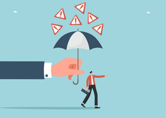 Methods for solving difficult problem, technical support, optimization of work, analysis and prevention of unforeseen circumstances, large hand with umbrella protects man from falling danger signs.