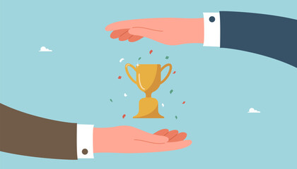 Leadership to achieve highest result, teamwork to find the right strategy and business prosperity, cooperation and partnership to achieve goals and win, large hands protect the winning trophy.