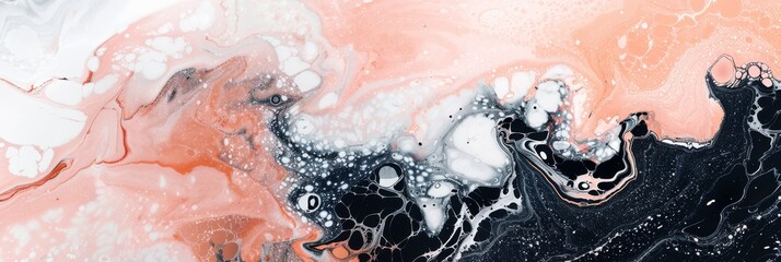 Fototapeta premium An abstract fluid art painting featuring dynamic swirls of pink, black, and white with a marble-like appearance.