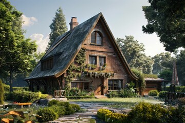 Fototapeta premium Idyllic cottage with thatched roof surrounded by a vibrant garden and clear blue sky