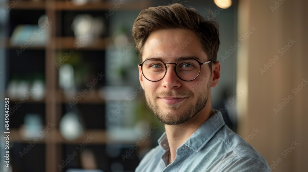 Poster a man with glasses is smiling and looking at the camera