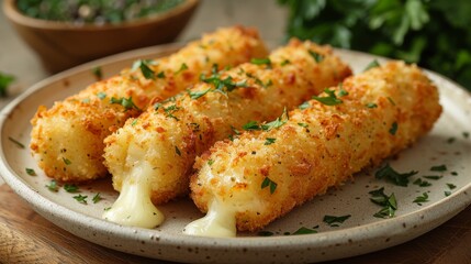 Fototapeta premium A plate full of mouth-watering mozzarella sticks with melted cheese, breadcrumbs, and parsley garnishing