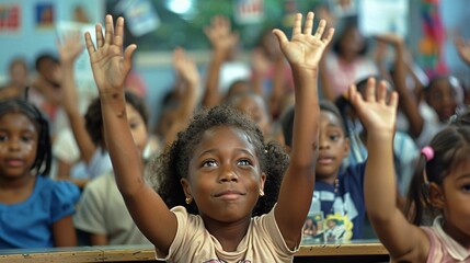 Fototapeta premium A classroom of students eagerly raising their hands to read, showcasing enthusiasm for literacy