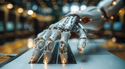 Robotic hand poised above laptop keyboard