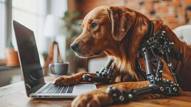 Dog with bionic prosthetics using laptop