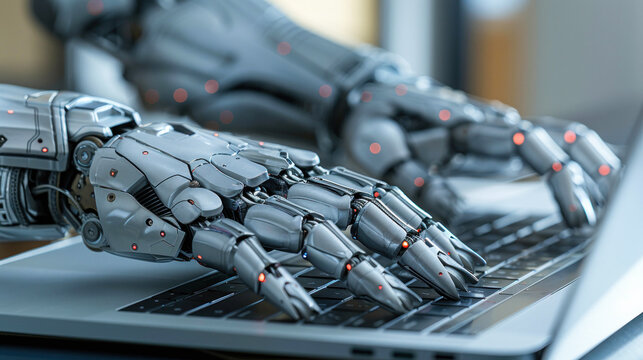 Robotic hands resting on a computer keyboard