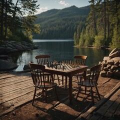 Naklejka premium A chess game at a lakeside cabin.