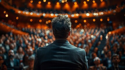 Fototapeta premium A speaker with a blurred face facing a large crowd in an auditorium, evoking leadership and public speaking