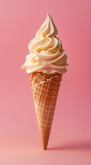 Vanilla ice cream in a waffle cone on a pink background.