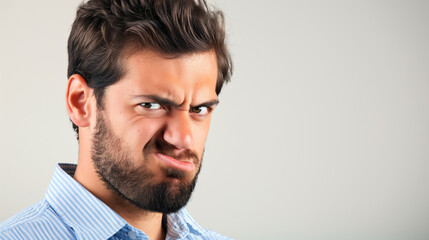 Obraz premium Man with a beard and a puzzled expression, wearing a blue shirt, against a plain background, displaying confusion or skepticism.