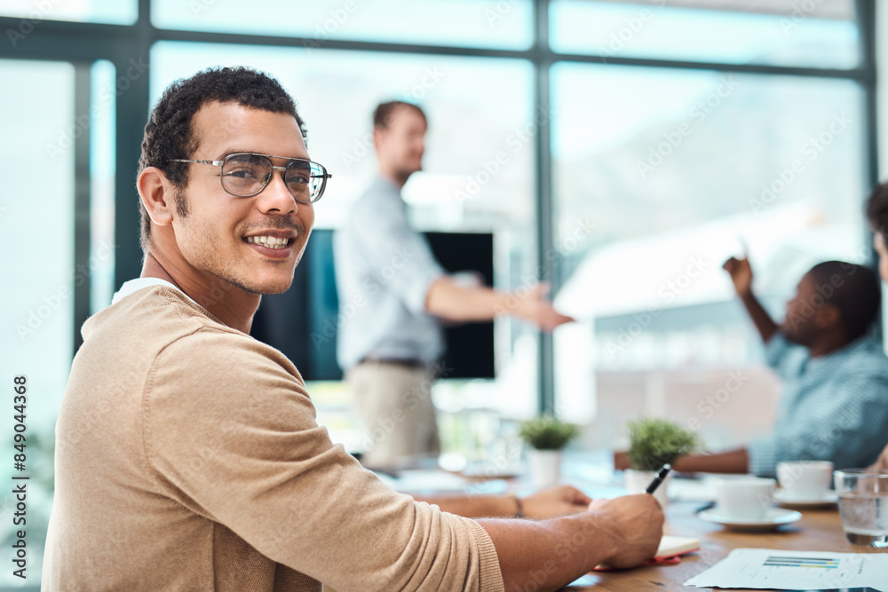 Poster portrait, business man and writing notes in office meeting for coworking in startup company. face, f