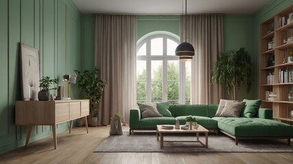 Fototapeta premium Modern living room with green sofa and abstract painting