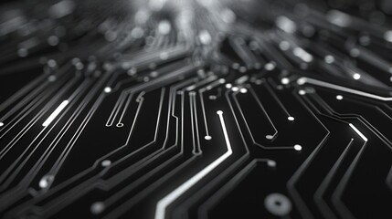 Clean and crisp background adorned with bold white circuitry lines, providing a striking contrast against a black canvas for a modern aesthetic.
