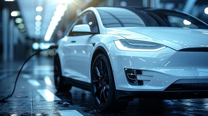 Charging station  white electric vehicle plugged in and recharging at the power station